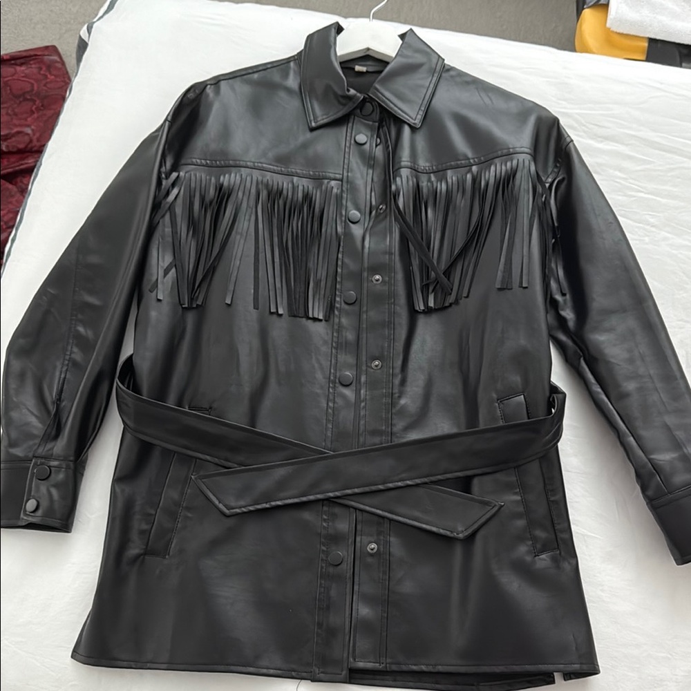 Zara Black Leather Jacket with Fringe and Belt